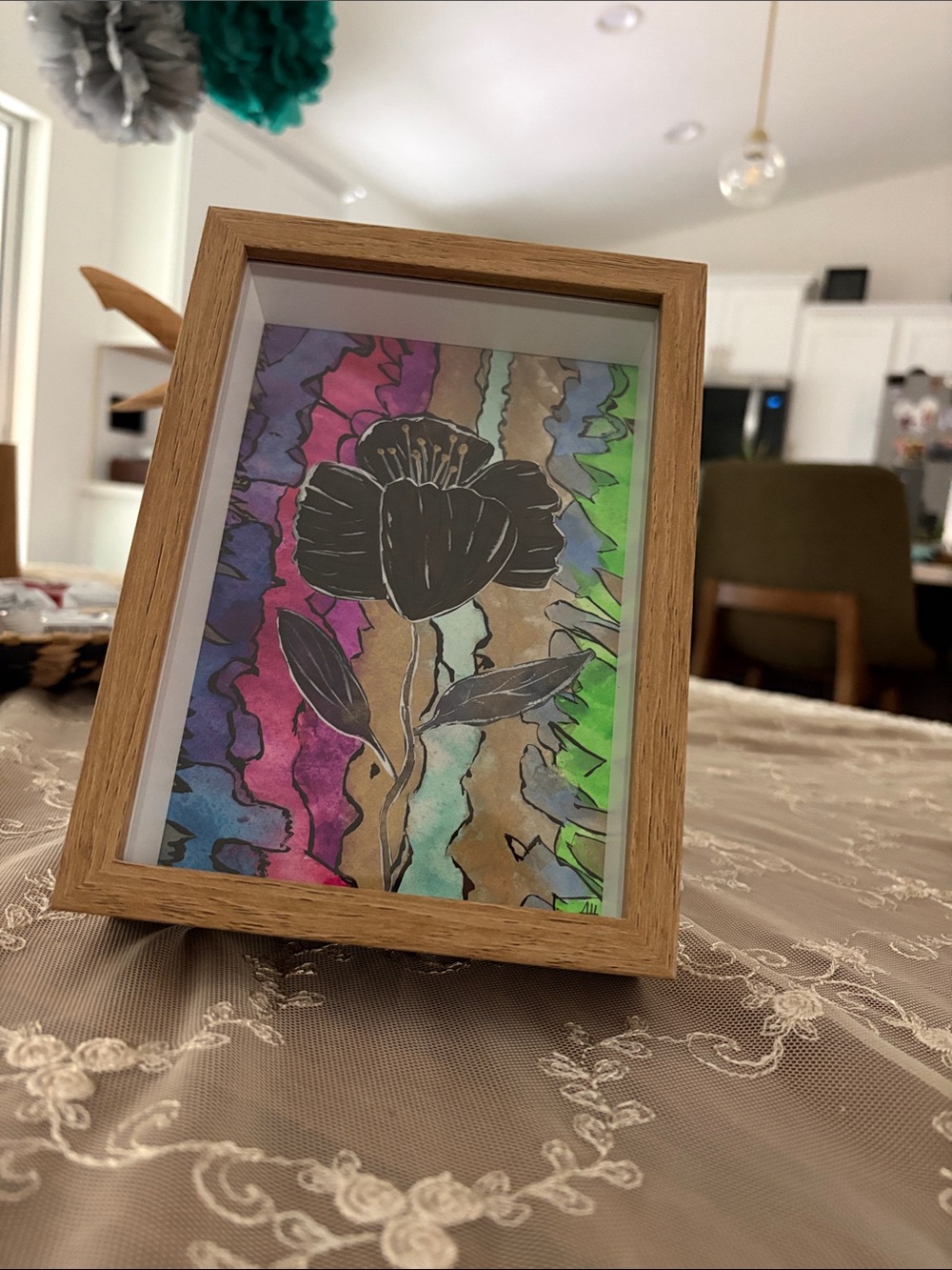Framed Black Floral original painting with Multicolor Background